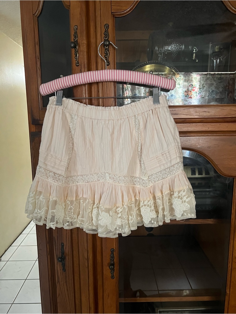 LoveShackFancy Blush Pink Lace-Trim Tiered Mini Skirt
